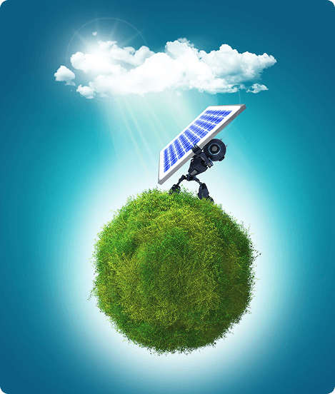 Stylized 3D rendering of a green earth with solar panels